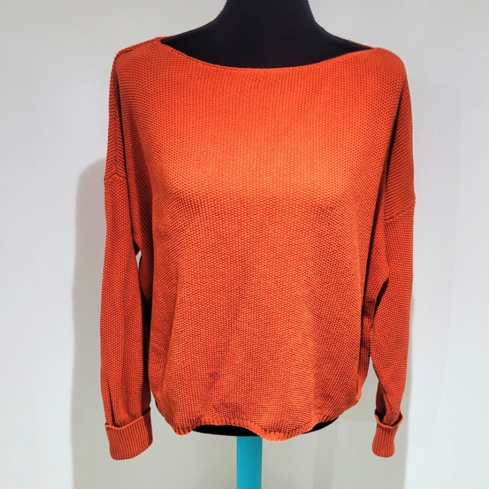 French Connection Women's Cotton Knit Boat Neck Dolman Sweater Small Orange